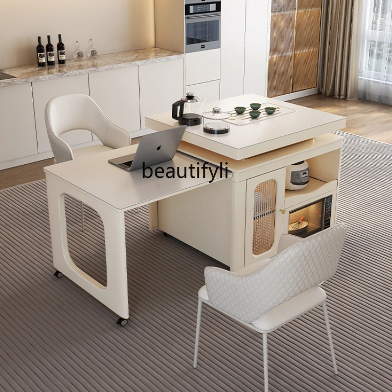 

Cream Style Stone Plate Kitchen Island Dining Table Integrated Rotatable Mobile Separation Household Retractable Table and Chair