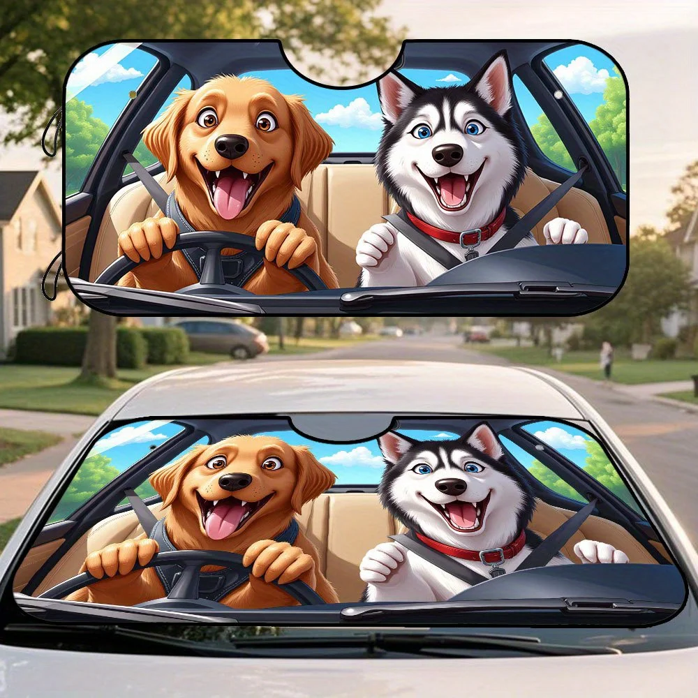 1pc, Cute Dogs Driving Pattern Car Windshield Sunshade, Front Auto Sun Visor, Folding Sun Shade For Windshield, Keeps Interior C
