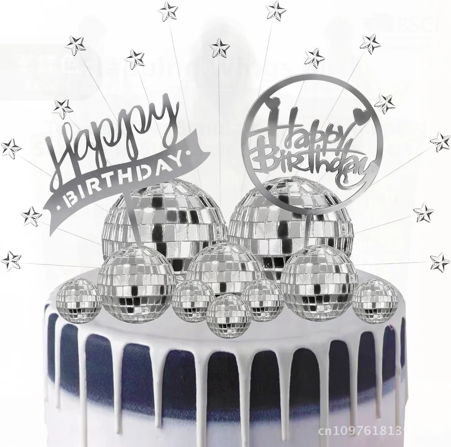 

27pcs Disco Ball Cake Decoration Silver Chocolate Happy Birthday Card Insertion for Dance Birthday Party Supplies