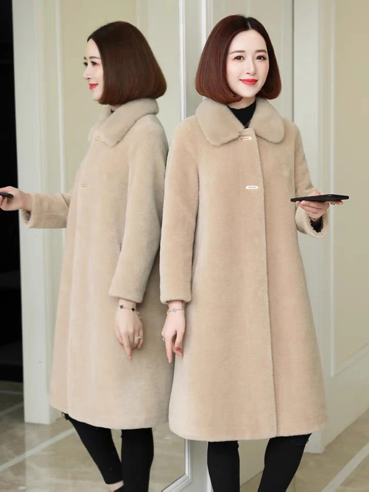 النساء الشتاء الجمل 100% الأغنام الفراء سترة طويلة معطف فرو المنك الحقيقي طوق طويل الصوفية شتاء دافئ ملابس خارجية