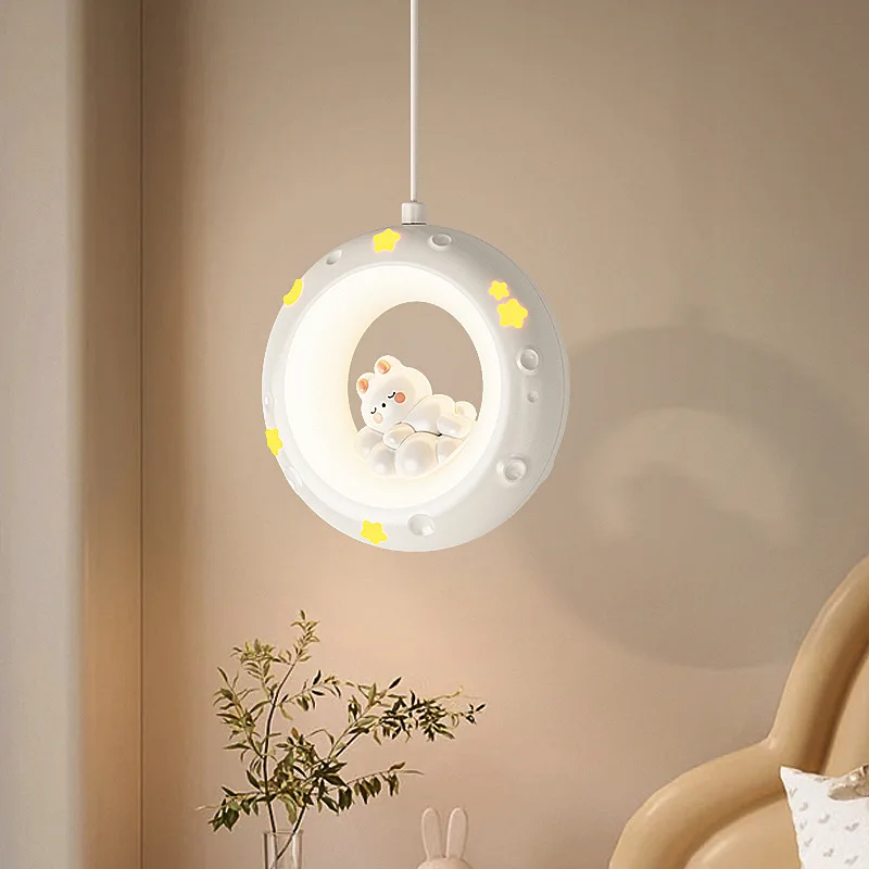 Cartoon Round Star Pendant Lamps For Children's Room Bedroom Bedside Lighting Resin White Bear Rabbit Hanging Light LED Indoor