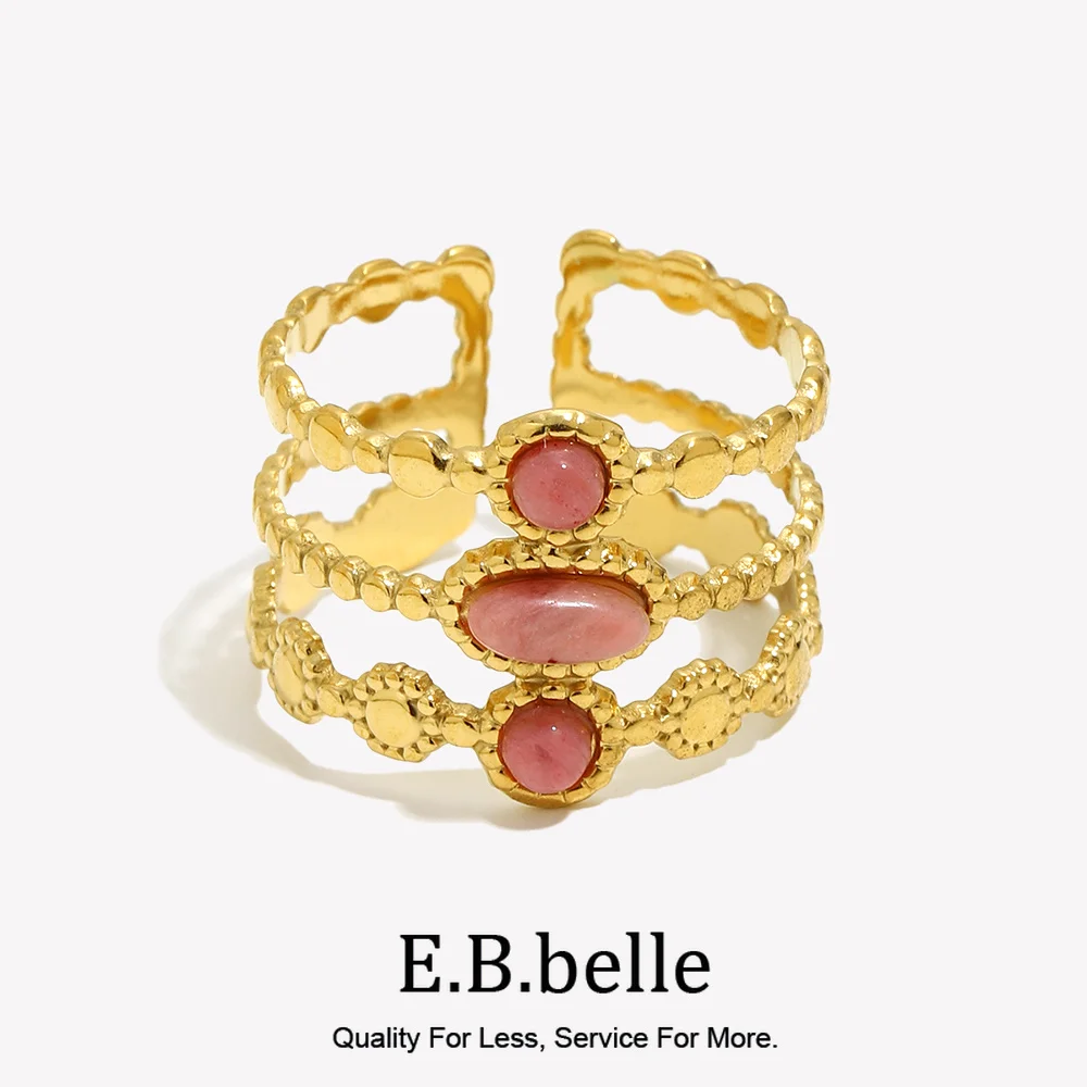 E.B.belle Wide Facted Red Gemstone Opening Ringe Hochwertiger vergoldeter Edelstahl Wasserdichter Modeschmuck