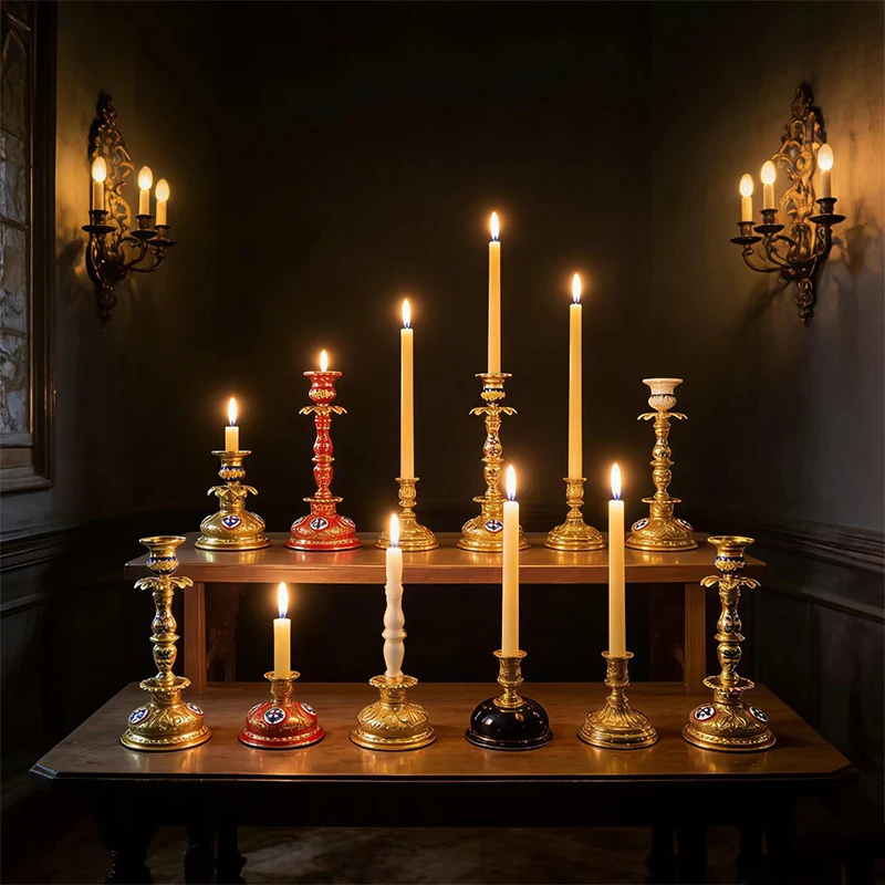 

Gold Plated Orthodox Single Taper Candlestick with Enamel Patterns for Church Liturgy Home Altar Prayer Religious Devotion Gift