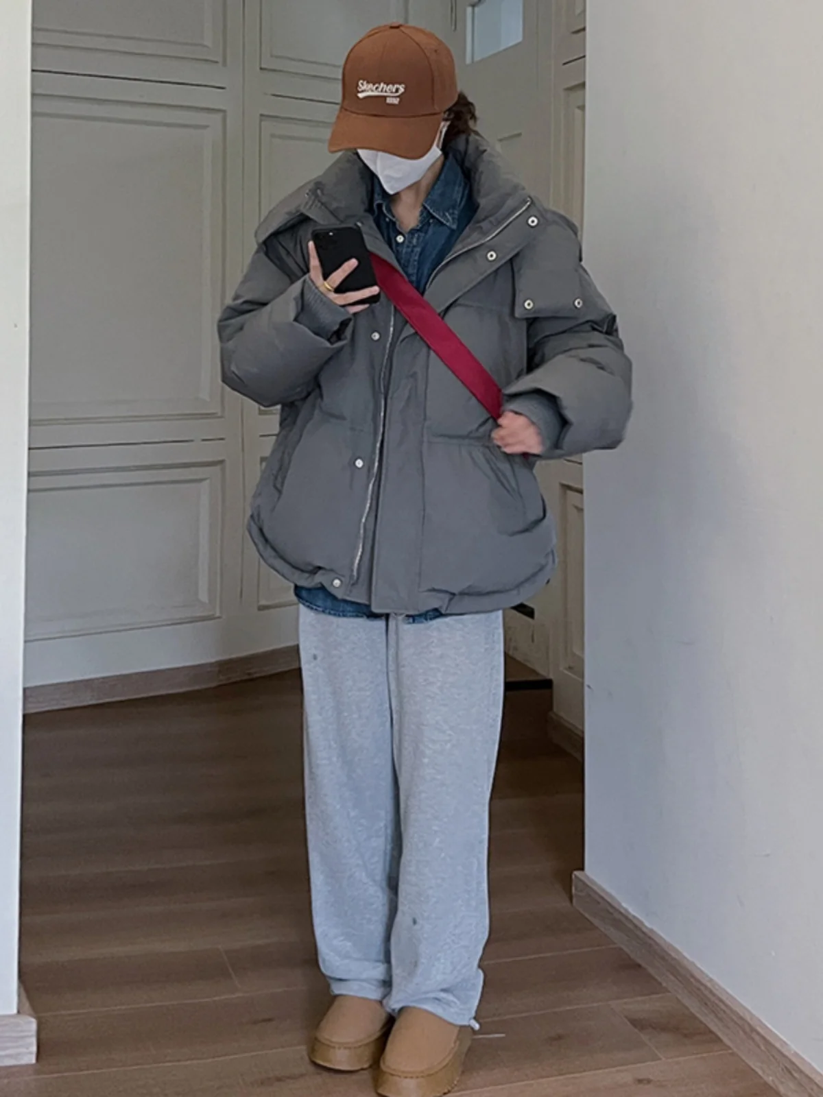 Grey Down Cotton Jacket For Women Winter 2023 Hooded Jackets Coat Solid Color Design Thickened Cotton Jacket Oversize