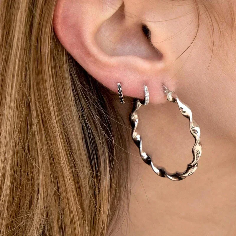 925 Sterling Silver Ear Buckles Fashion Hoop Earrings Black Crystal Pendant Silver Earrings High Quality Women\'s Jewelry Gifts