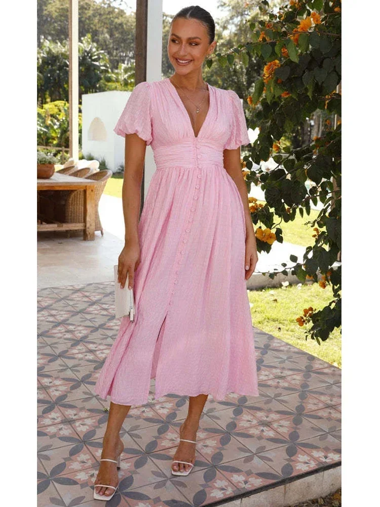 V-neck Yellow Puff Sleeve Split Solid Summer Women Dress 2025 A-line Maxi Long Sundress Vestido Button Beach Dress Party