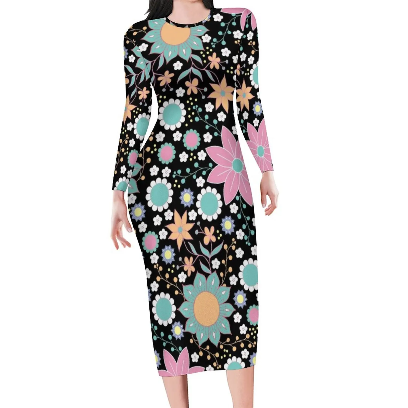 Pretty Flower Power Dress Long Sleeve 60s 70s Floral Print Cute Dresses Spring Female Street Wear Bodycon Dress Large Size