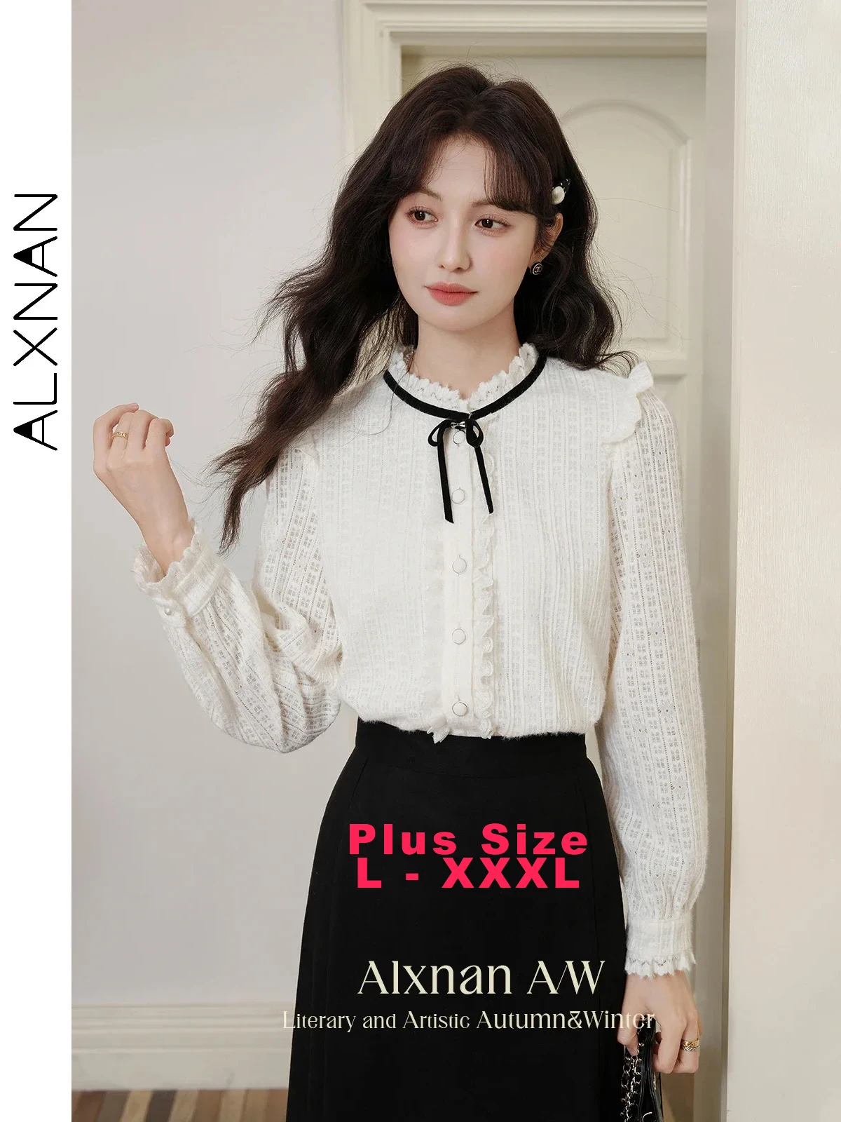 ALXNAN Women's Lace-up Plus Size Shirt Gentle Flounce O-neck Flying Sleeve Agaric Cuff 2024 Autumn Winter Lady Casual Top D08065