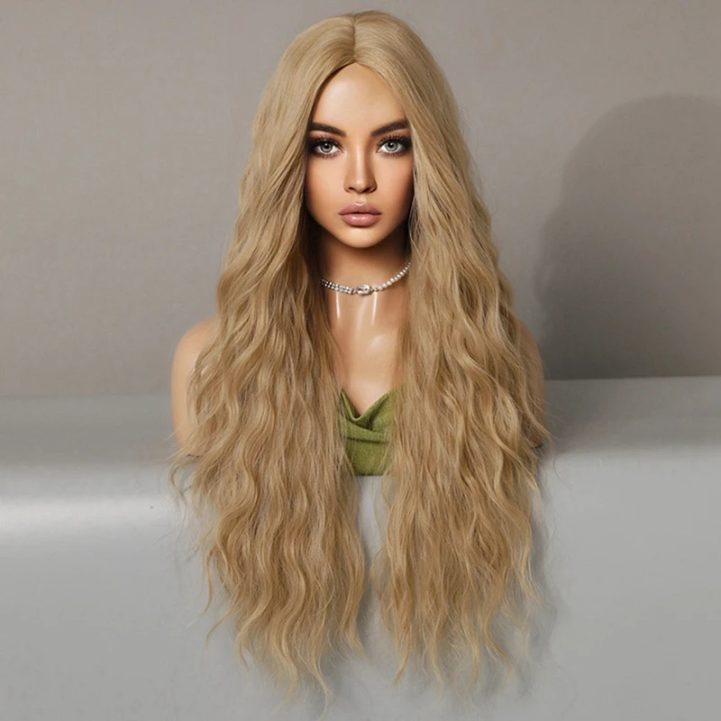 Female Long Curly Hair Center Parted Wig Bangs Water Ripple Chemical Fiber Wig Wig image 6