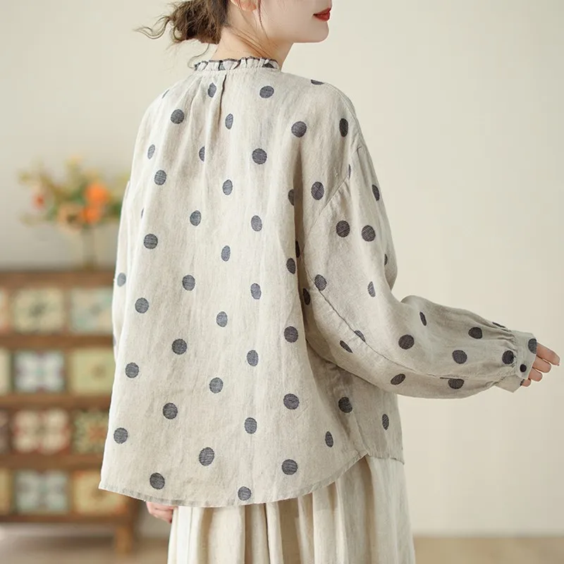 Women Long Sleeve Casual Shirts New Arrival 2024 Spring Vintage Style O-neck Polka Dot Loose Female Cotton Linen Tops B3309