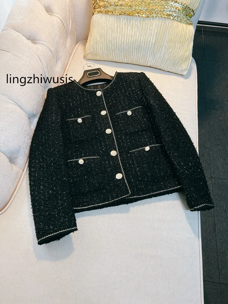 

lingzhiwusis French Vintage Elegant Top Quality Black Bright Silk Tweed Top Ladies Wool Outerwear Black Female Autumn NewArrival