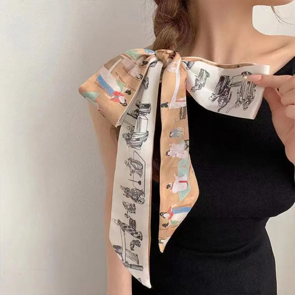 French Scarf Butterfly Tie Hair Retro Oil Print Hair Ribbon Scarf Women Neck Tie Bag Headscarves Floral Bands Headband