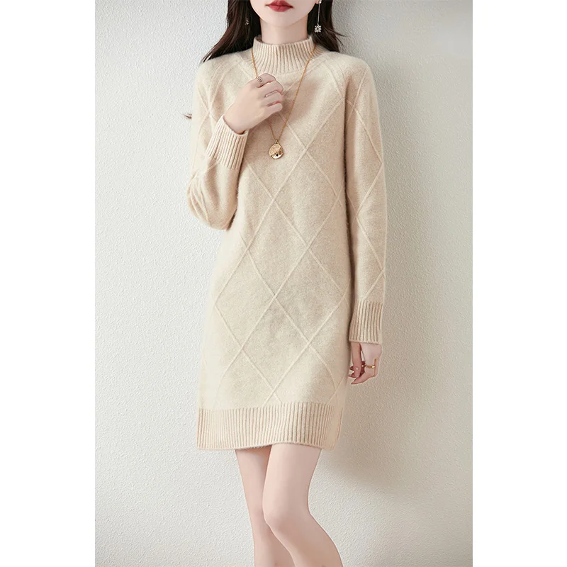 Half High Collar 100% Wool Dress For Women's Autumn Winter Long Sleeved Solid Color High-Quality Pullover Warm Knit Top