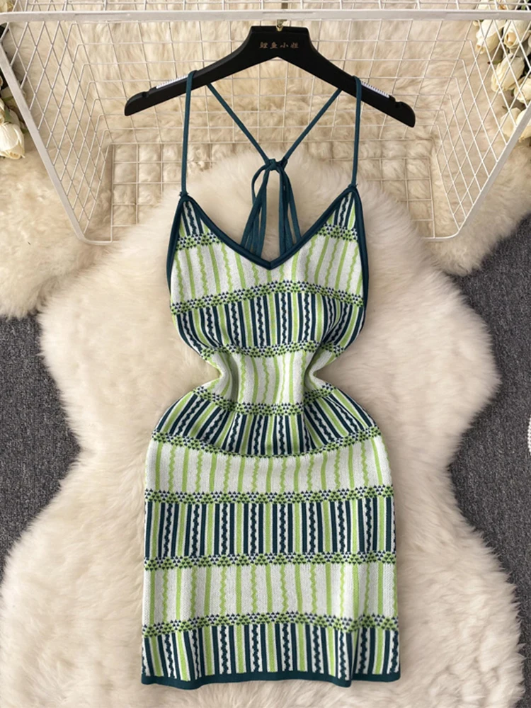 Women's Green Striped Dress Vintage Off Shoulder Sleeveless Lace-up Mini Dresses Y2k Party Club One Piece Frocks 2000s Clothes