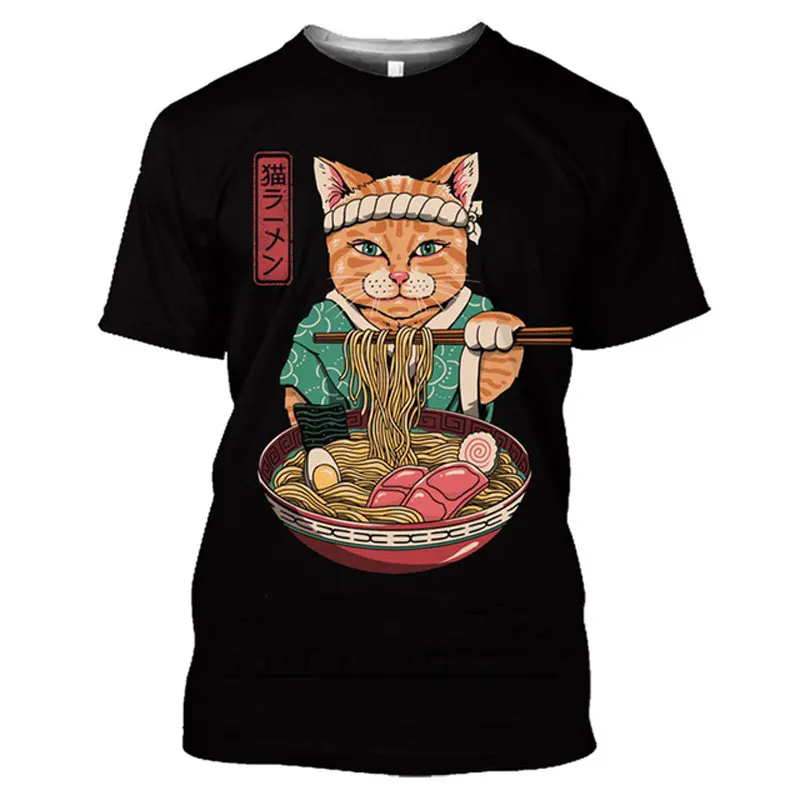 Summer new 3D Men Japanese Samurai Cat graphic t shirts Fashion Casual Personality Cool Street Style Print Short Sleeve Tees Top