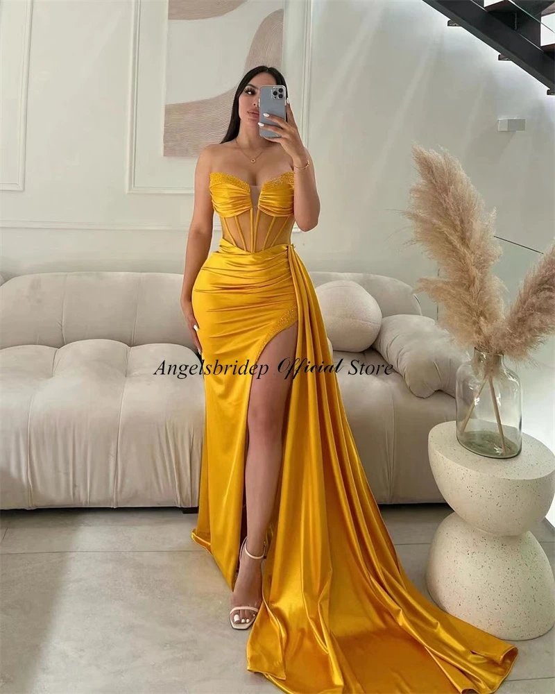 customized p Mermaid Satin Evening Dresses Sexy Side Split Beaded Formal Prom Gowns Sweetheart Vestidos Para Eventos Especiales