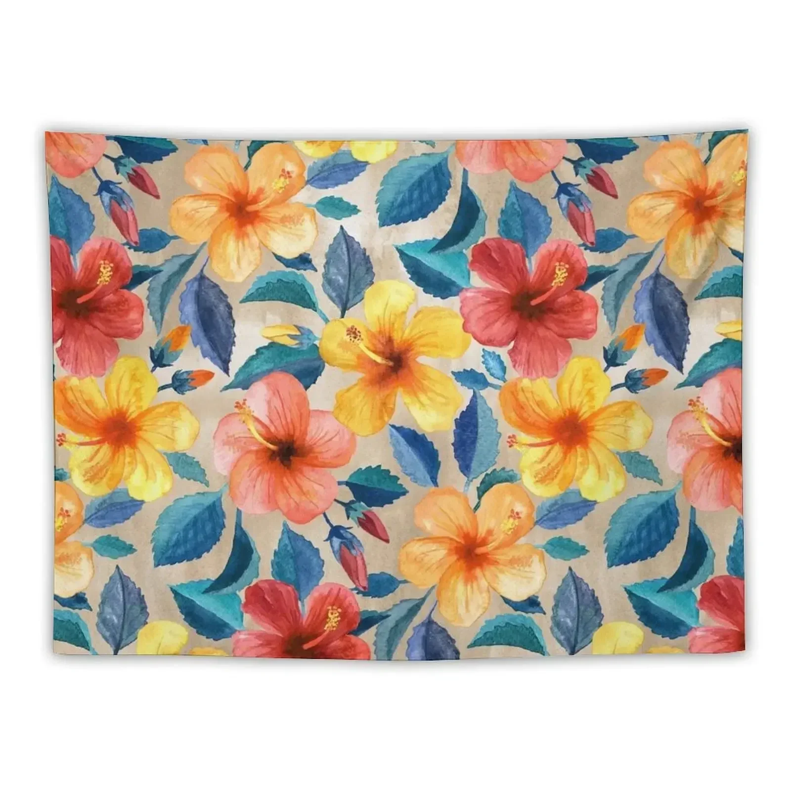 

Colorful Watercolor Hibiscus on Warm Beige Tapestry Decoration Aesthetic For Bedroom Decoration Bedroom Tapestry