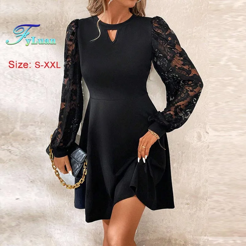 Elegancka sukienka damska na rok 2025, czarna, z okrągłym dekoltem, koronkowymi wstawkami, długim rękawem, dopasowana, wyszczuplająca, sukienka balowa w kształcie litery A, słodka sukienka.