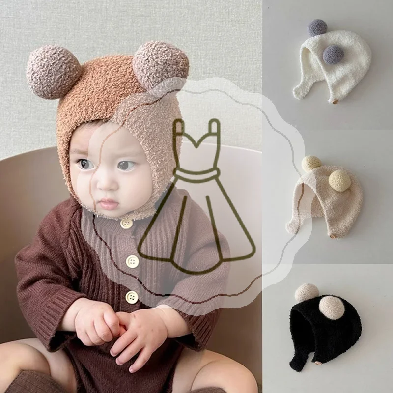 لطيف شتاء دافئ الاطفال الطفل القبعات الصوف هيمينغ قبعات مع الكرة سدادات حماية الأذن القبعات لينة الوليد بونيه للبنين بنات