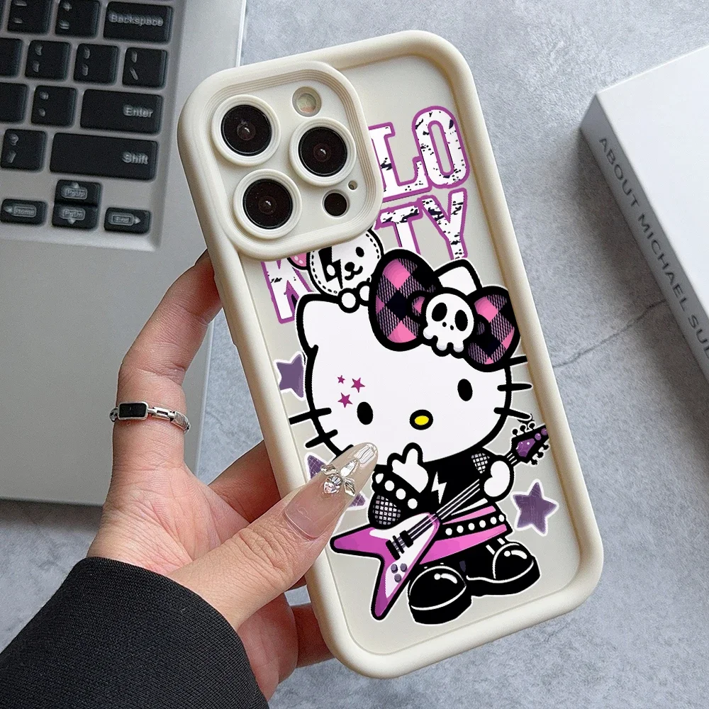 Rock Skull Hello Kitty Phone Case for iPhone 16 15 14 Plus 13 12 Mini 11 Pro Max X Xs XR 8 7 Soft Ladder Lens Protection Cover