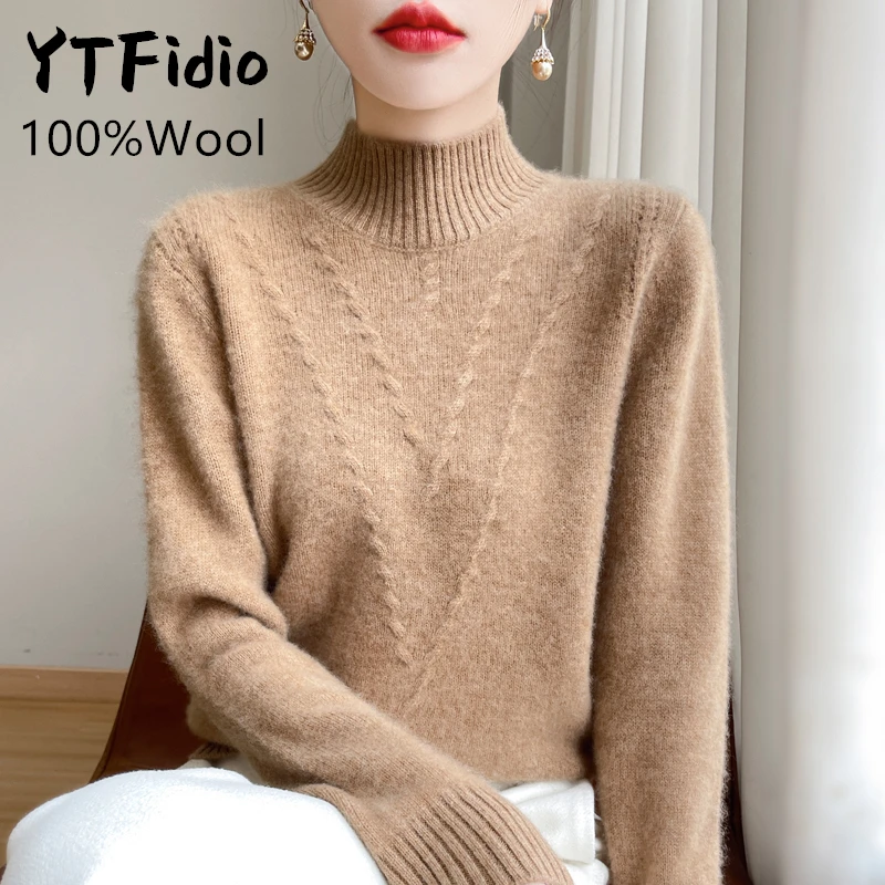 YTFidio 100% Wool Women Half High Collar Office Lady Solid Elastic Pullover  Inverted Triangle Outerwears Knitted Pullover 174