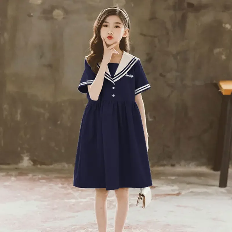 2024 new japan senior Summer New retro Girls long Dress Cotton Sailor Collar Teens Casual JK Dress Baby Clothes Toddler 12 year