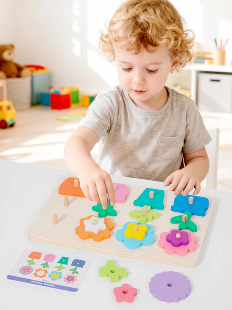 Puzzle de fleurs en bois Montessori, jeu de société avec cartes en forme de couleur, Cognition et jouet éducatif géométrique assorti pour enfants, bricolage