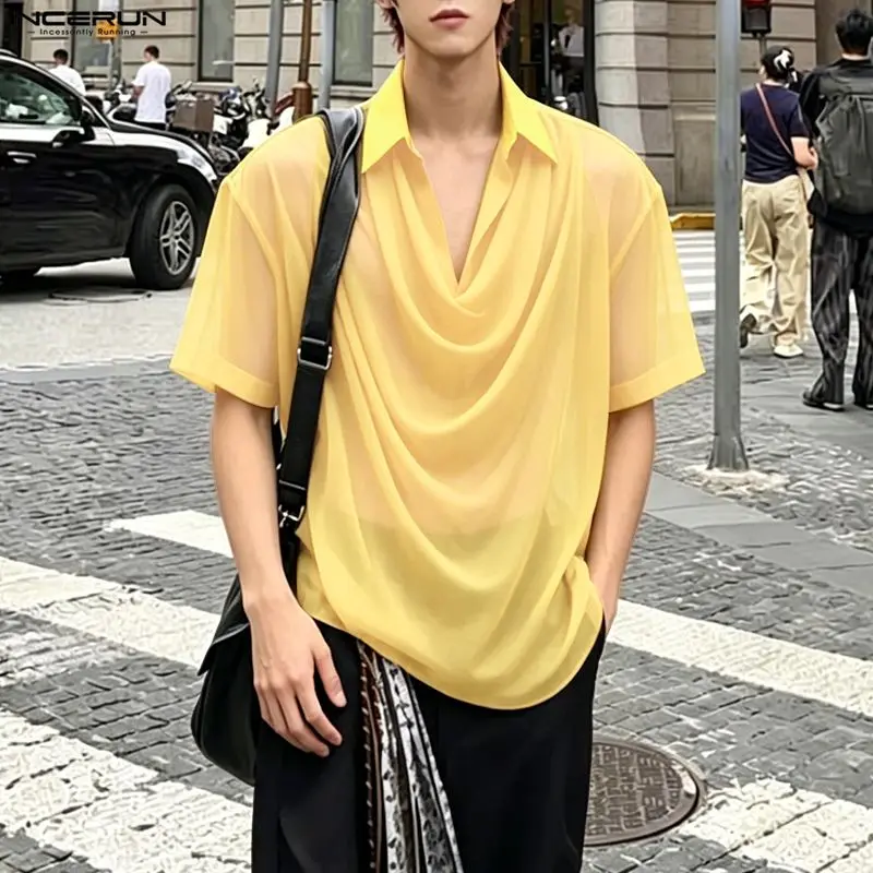 

INCERUN Men's Shirt Lapel Short Sleeve Solid Color See Through Men Clothes Streetwear Summer 2026 See Through Sexy Loose Camisas