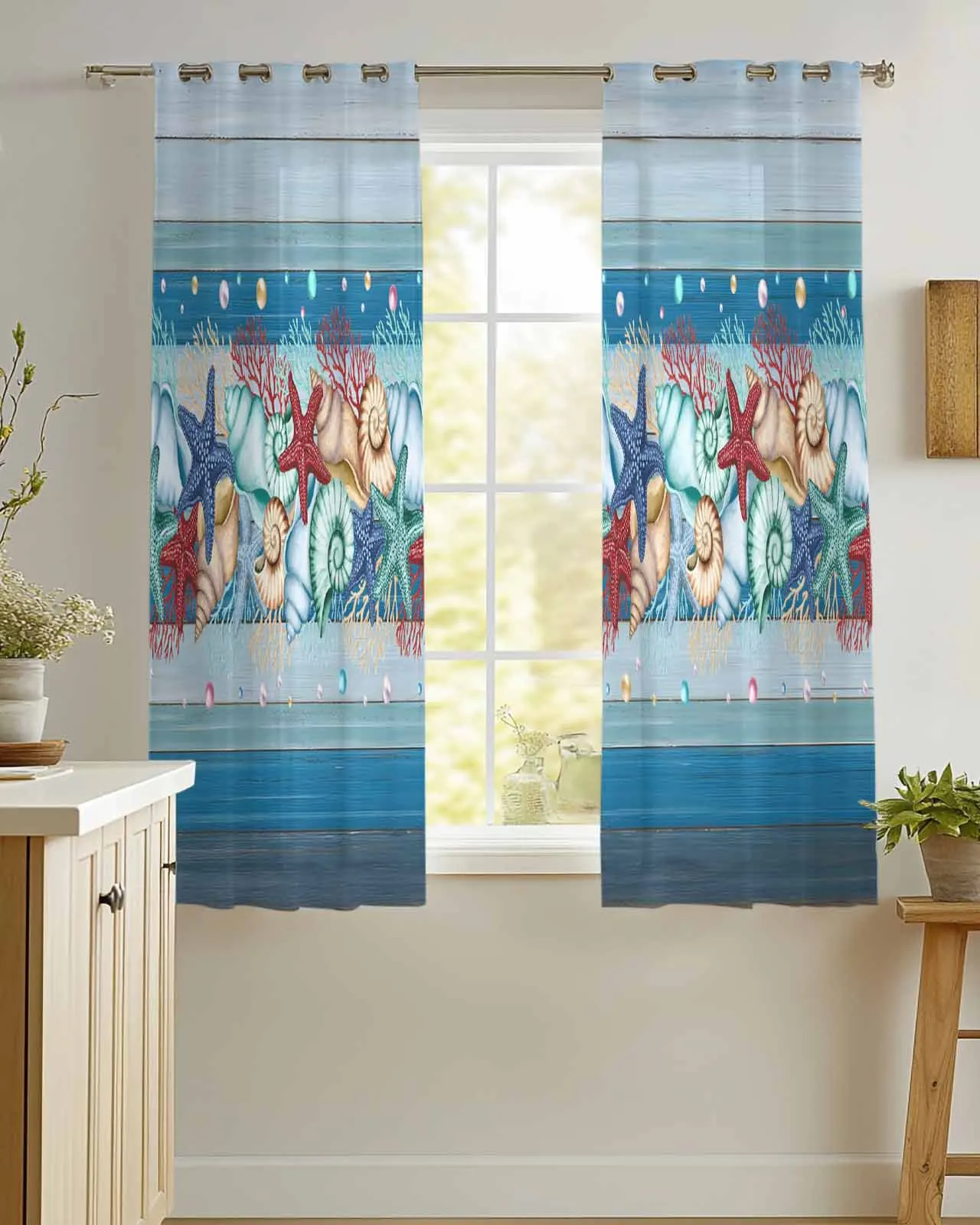 

Blue Wood Grain Marine Life Starfish Sheer Curtains for Living Room Bedroom Kitchen Window Tulle Curtain Voile Drapes Home Decor