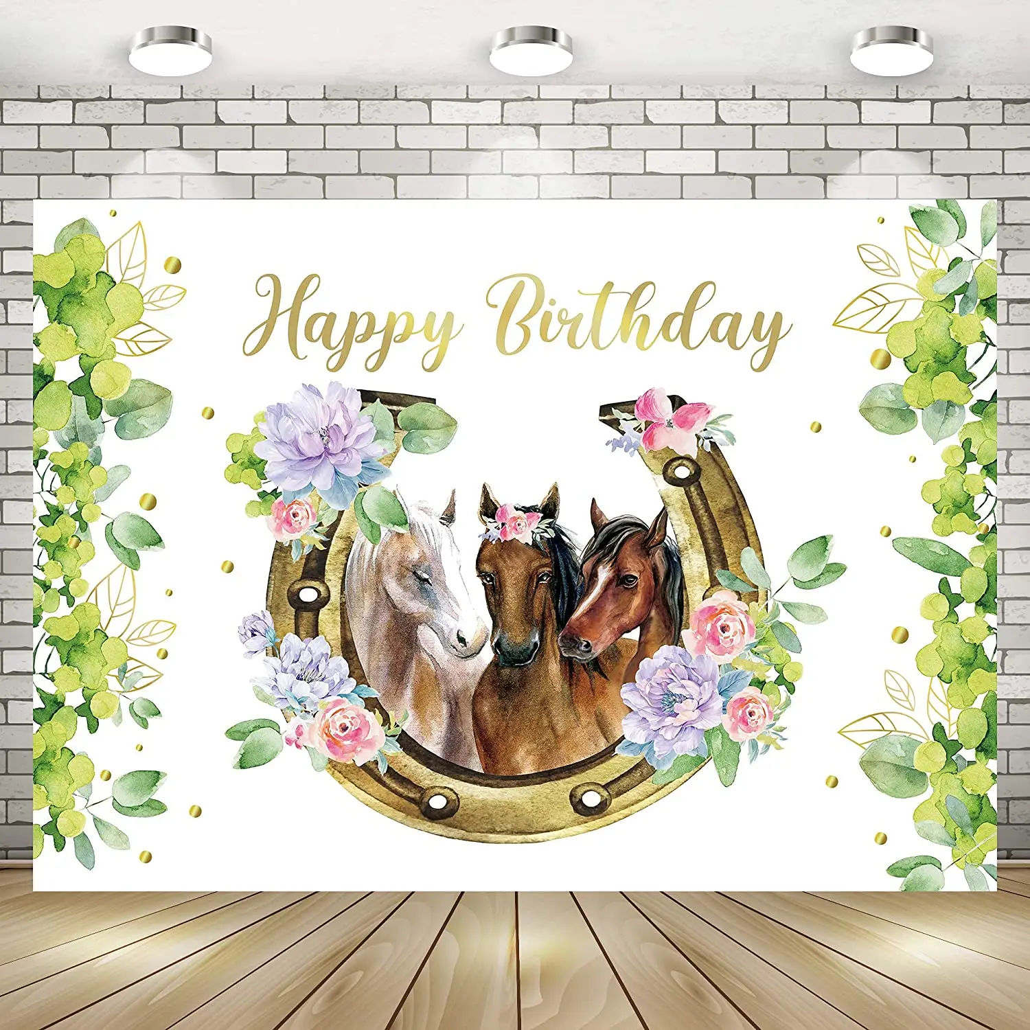 Horse Birthday Backdrop Floral Cowgirl Flower Western Farm Green Leaves Watercolor Photography Backgrounds Photo Shoot Decor