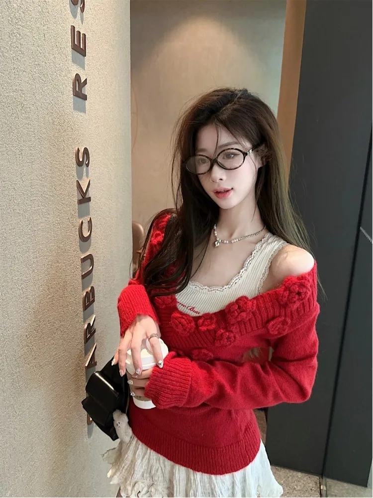 

Women's Vintage Floral V-Ne Slim Fit Sweater Vest And Skirt Set High Waist Belted Casual Wear Spring Autumn Winter