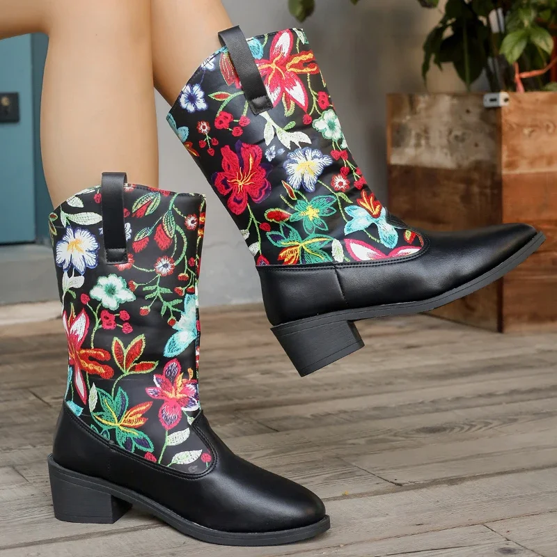 Women's Floral Printed Mid Calf Boots PU Leather Chunky Heeled Cowboy Boots Woman Plus Size 43 V-Cut Slip On Western Botas Mujer