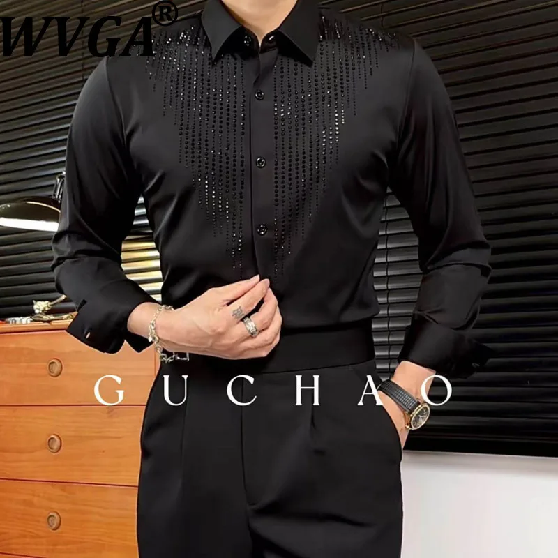 

Мужские рубашки WVGA с длинным рукавом, весна-осень, новинка, премиум-класс, с бриллиантовой отделкой, нишевый шик, повседневные, деловые, с отложным воротником, Ins W22003