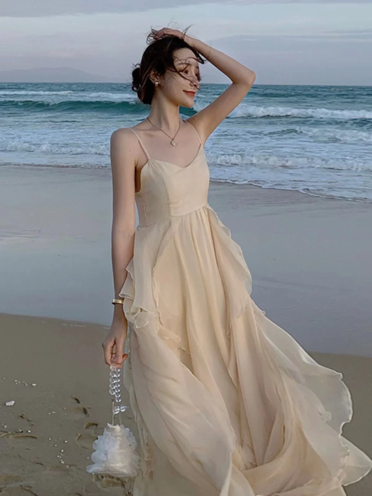 Holiday Midi Dress Women Sleeveless Summer Fashion Backless Ruffles Literary Age-reducing Gentle Fairycore Ins All-match Design