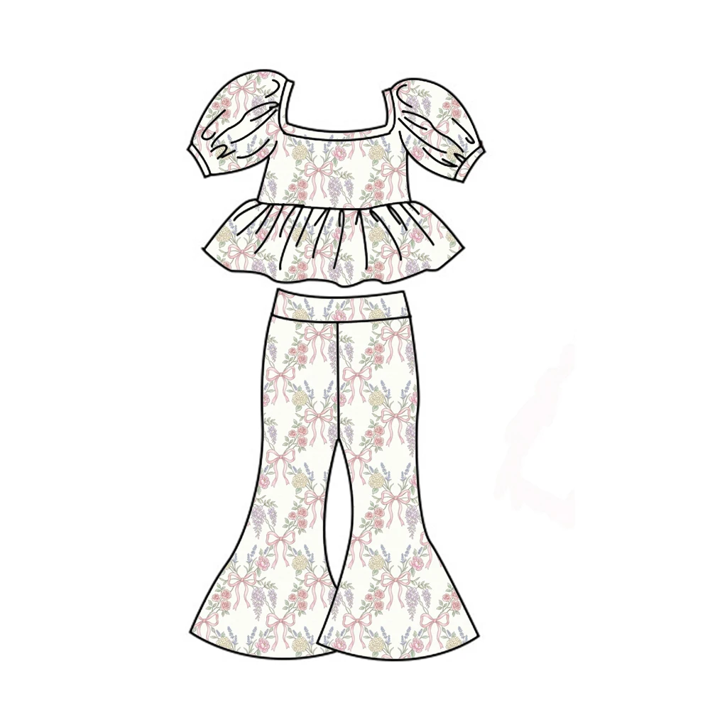 Square-neck puff-sleeved ruffled top paired flared pants floral and strawberry print set girls casual everyday children's wear