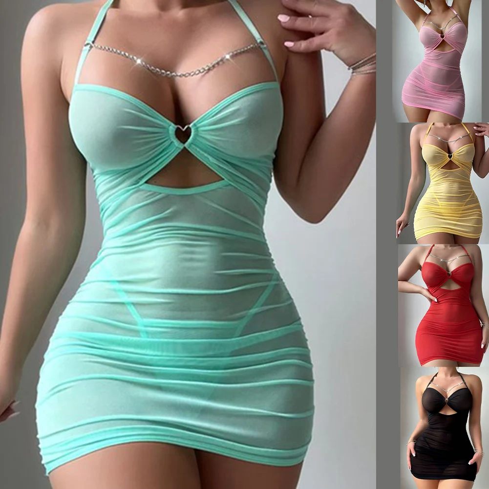 

Women See Through Mesh Dress Ring Chain Halter Dress With Thong G-String 2 Pcs Set Erotic Nightdress A-LINE