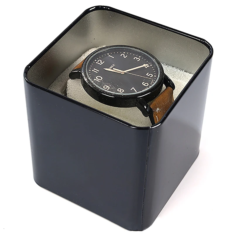 Caja organizadora de reloj negra cuadrada de 8CM, soporte de exhibición, lata de hojalata, caja de regalo de joyería sellada de Metal, estuche de exhibición con cojín