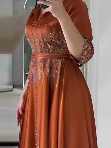 Women Fashion Hight Waist Slim Fit Party Dress Casual Long Sleeve Muslim Evening Dress Elegant V-neck Shiny Splicing Long Dress