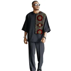 3/4 Sleeves African Clothes Black Men Loose Set Nigerian Style Patchwork Tops With Pant Tailor Made Party Outfit