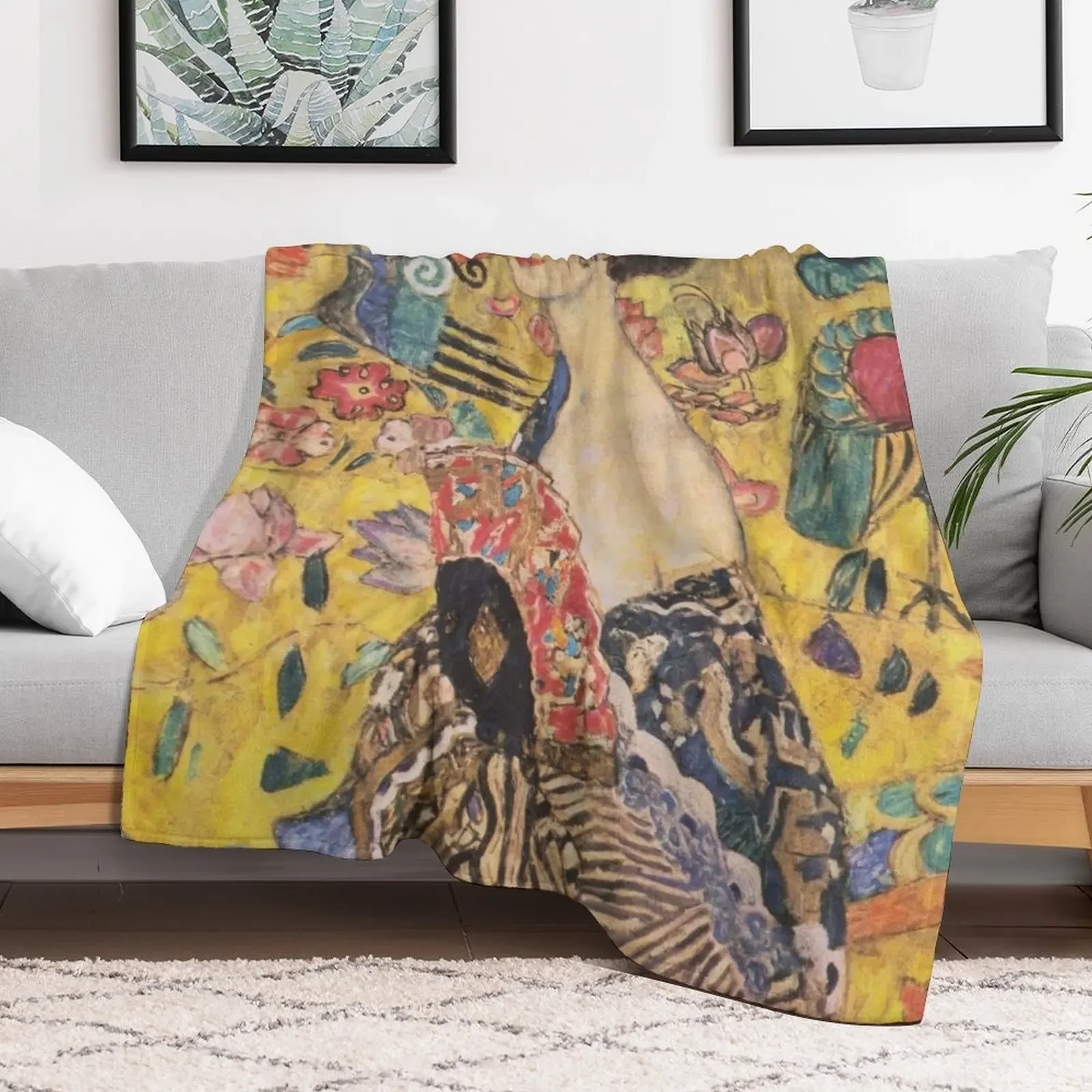 Lady with Fan by Gustav Klimt- Art Nouveau Symbolism Throw Blanket Beach Decorative Sofa Soft Big Blankets