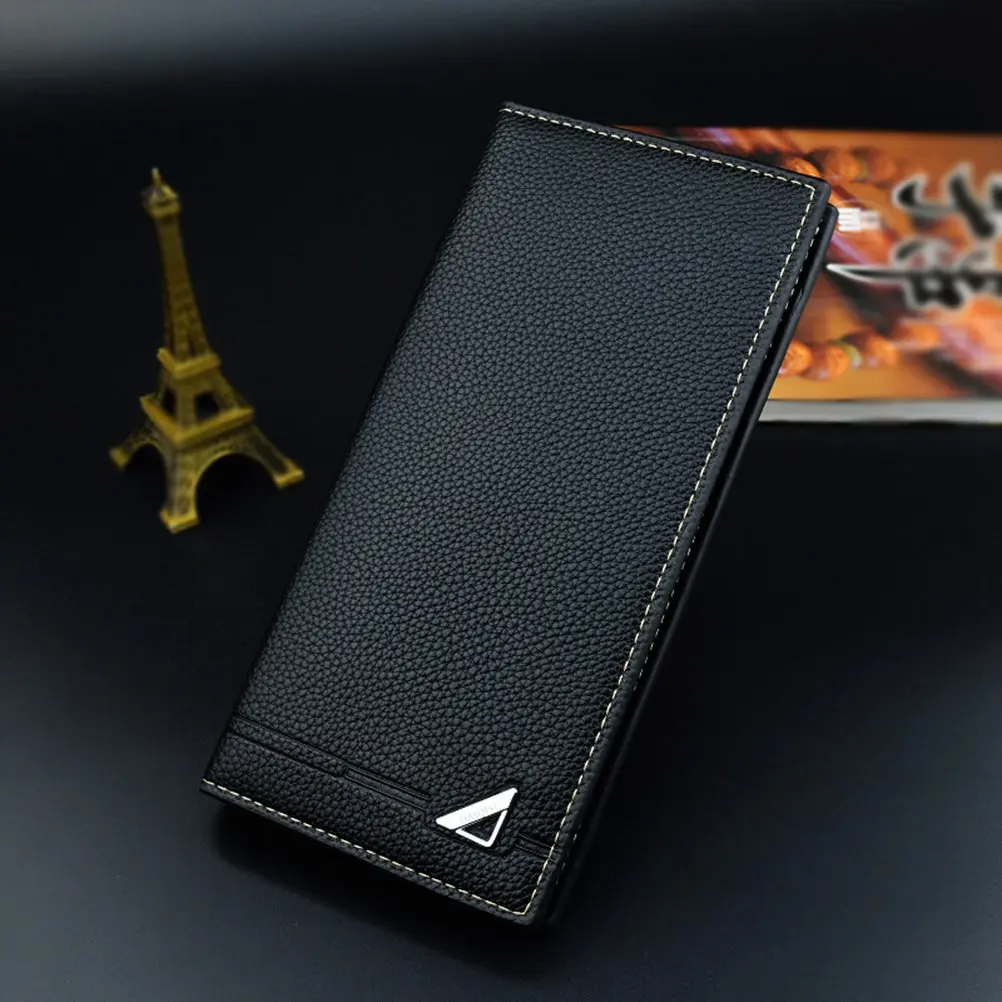 

Long Wallet Men Trifold Pu Pocket Purse Durable Coin Holder Card Organizer Daily Purse For Men Use Solid Black