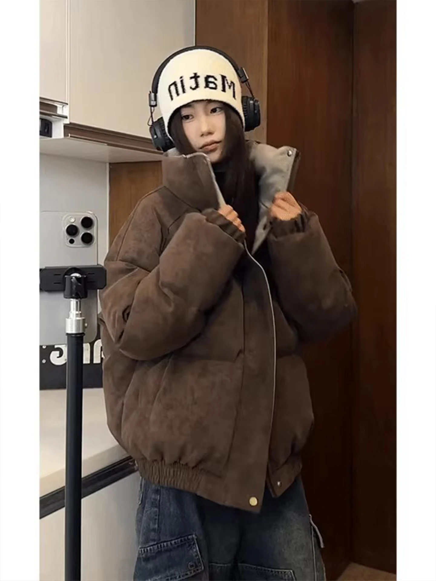 

Retro Brown Leather Jaet Cotton Coat Men Women Winter Tee-Proof Warm Stand Collar American Trendy Brand Cleanfit Cotton J...