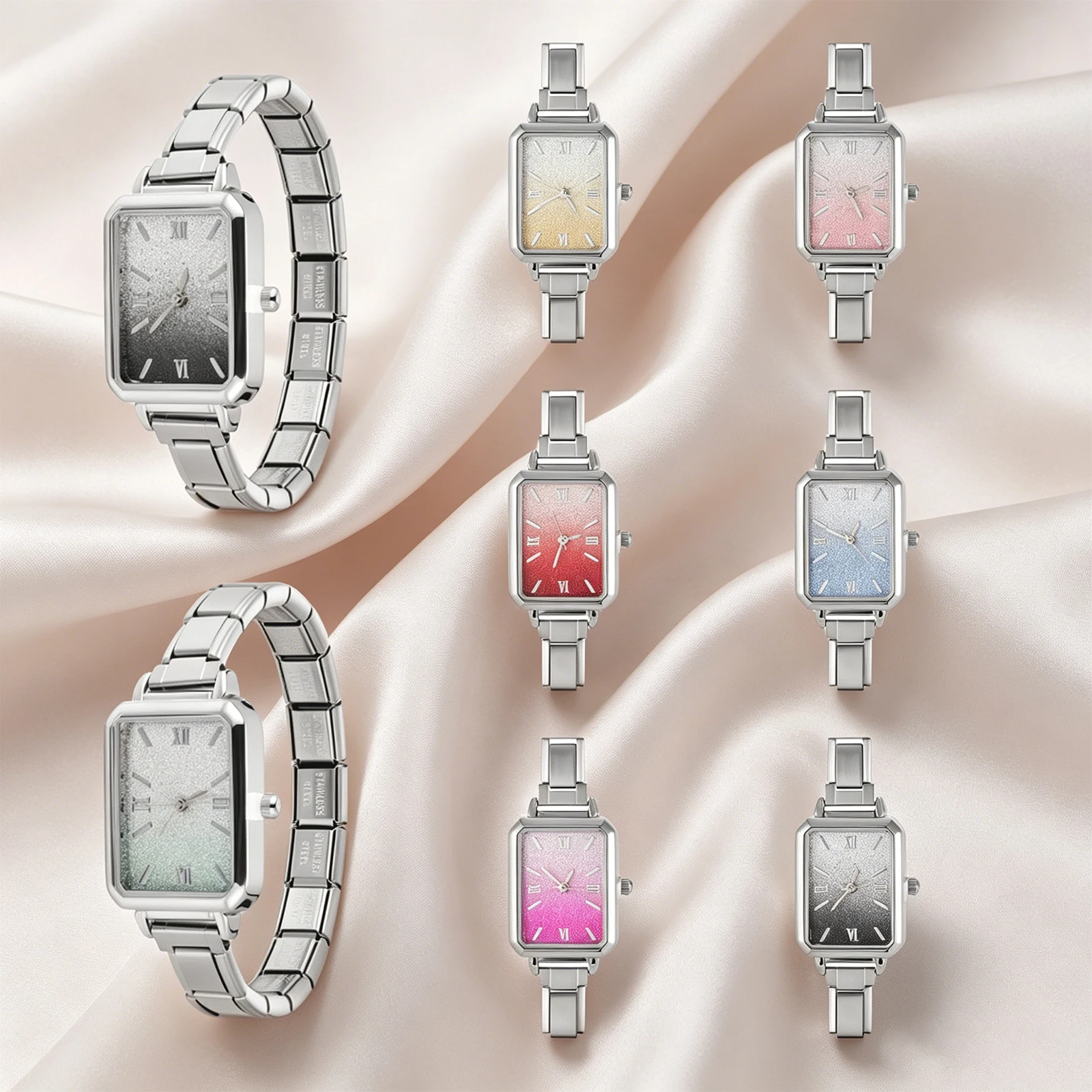 Women Gradient Color Square Simple Elastic Watch Italian Charm 9mm Width Bracelets Friend Birthday DIY Jewelry Gift Wholesale