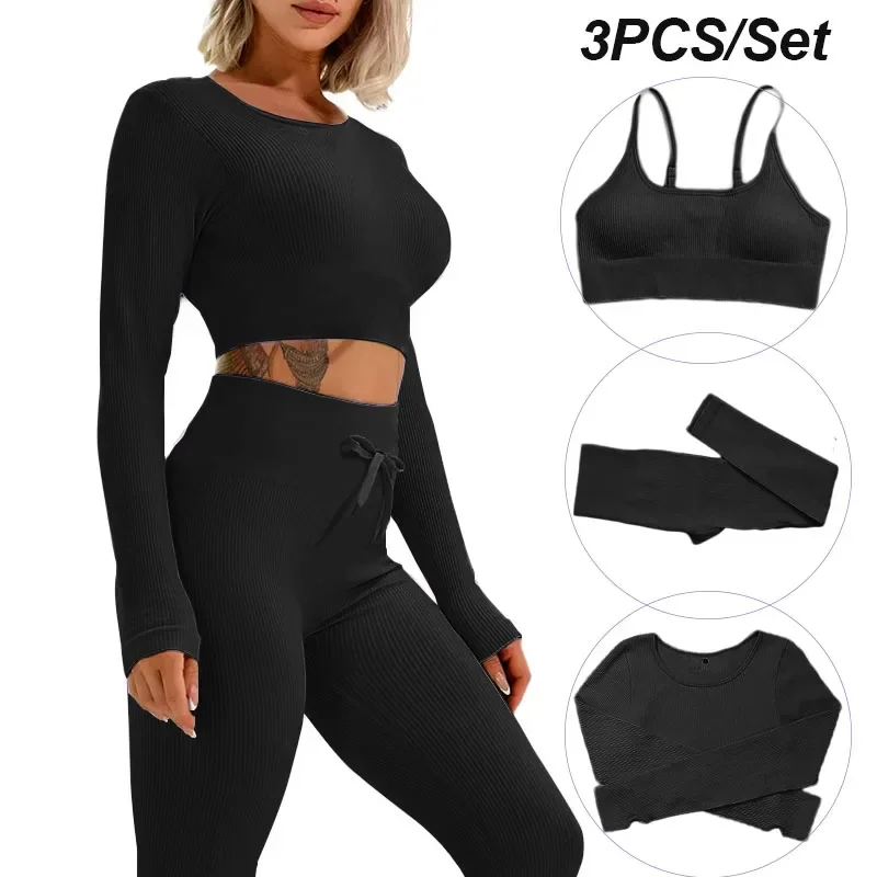 3PCS Ribbed Yoga Set Drawstring Fitness Suit Seamless Long Sleeves Top Gym Bra and Legging Women's Tracksuit Workout Clothes