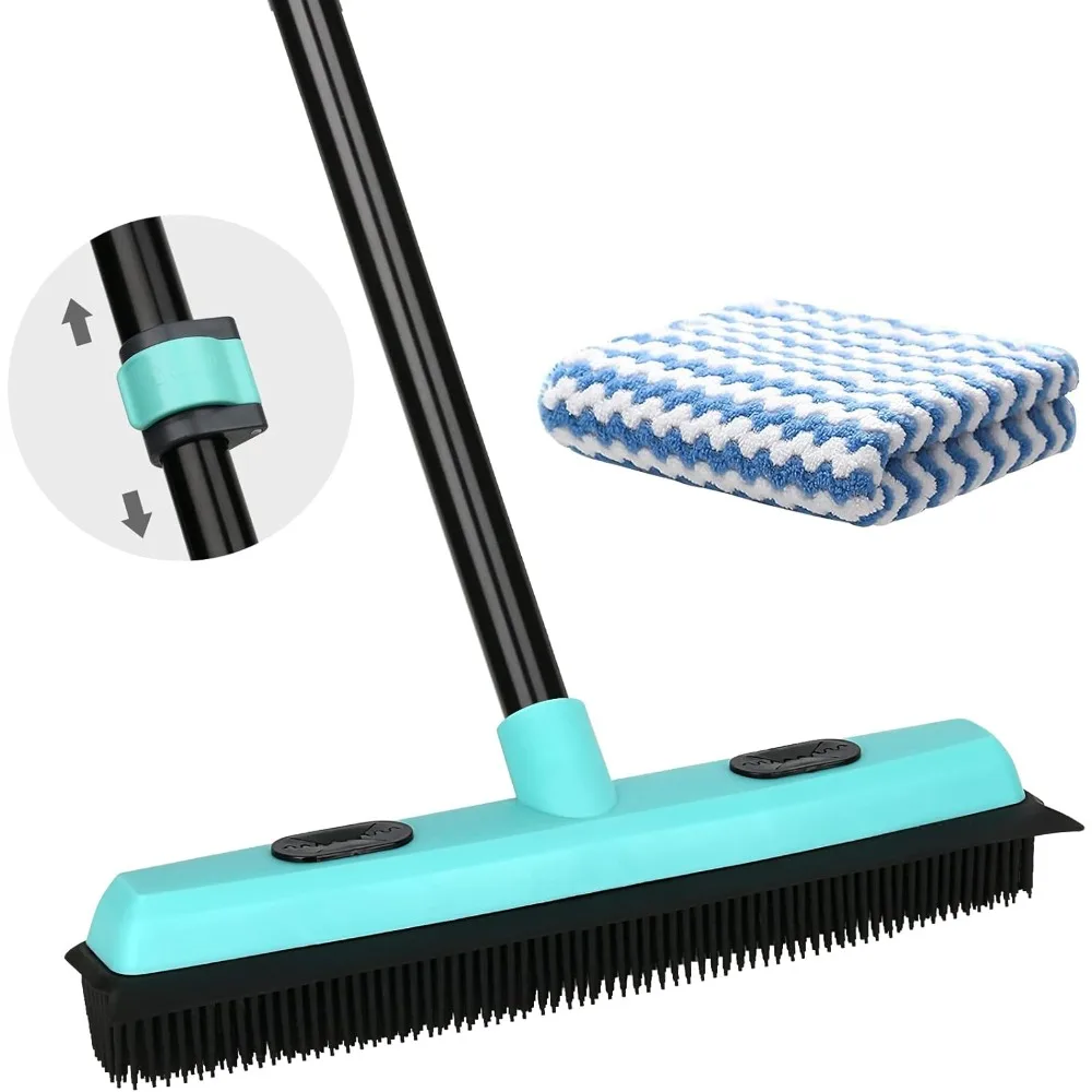 

Rubber Broom Carpet Rake Pet Hair Remover 59" Telescopic Handle Squeegee for Carpet Hardwood Tile