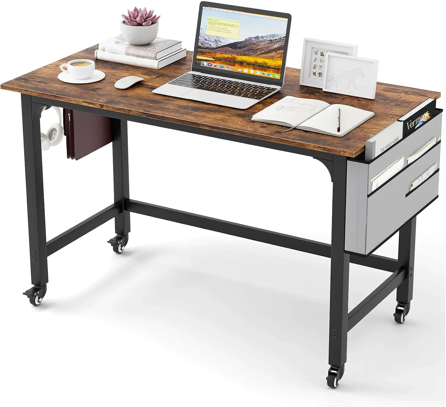 48” Mobile Computer Desk with Storage Bag 2 Hanging Hooks,Rolling Home Office Writing Study Desk,with Lockable Universal Casters