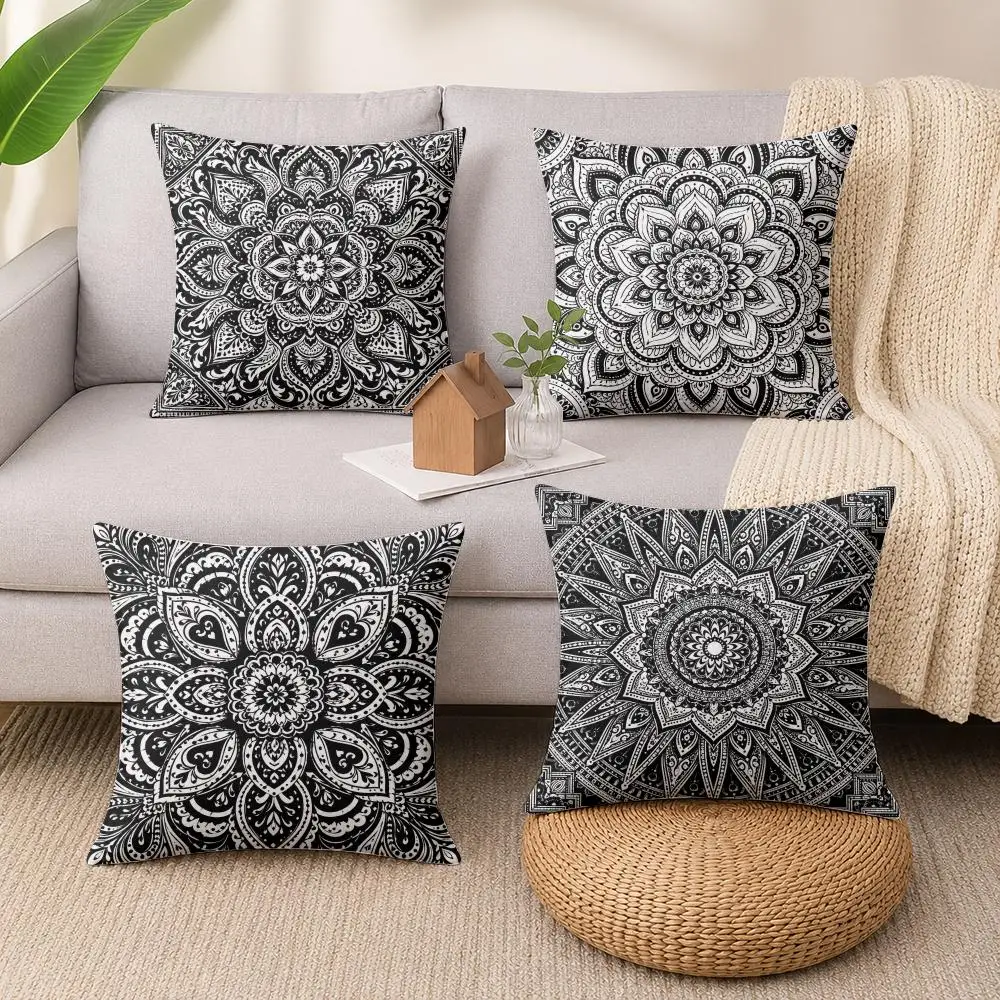 Black White Mandala Cushion Cover Soft Short Plush Pillow Cases Hidden Zipper Cutecore Sofa Bedroom Home Decor Gift
