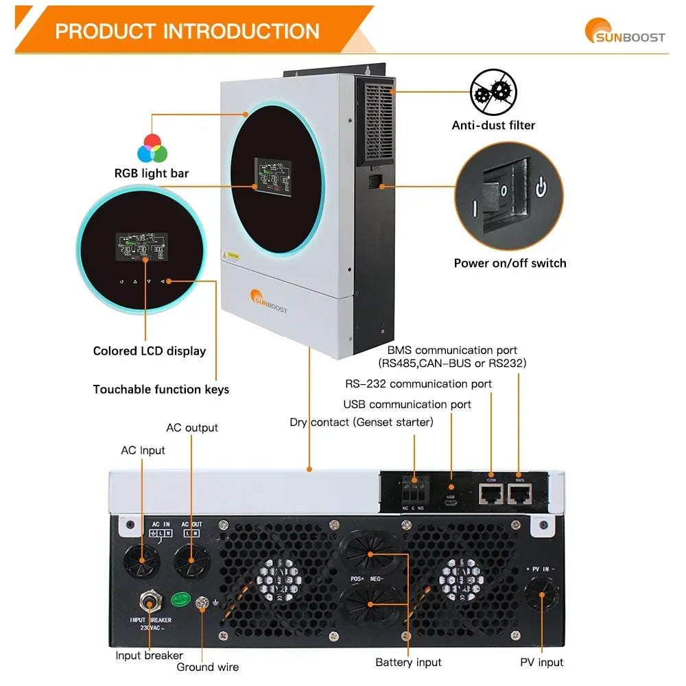 Sunboost 5500W-11000W Hybrid On/Off Grid Inverter Single Phase Inverter Mppt 48V 5Kw 5000W Solar Energy Solar Inverter