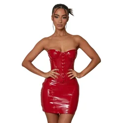 Sexy Patent Leather Backless Wrap Hip Dresses Women Off The Shoulder Sleeveless Slim Gown Buckle Closure Half-open Female Dress