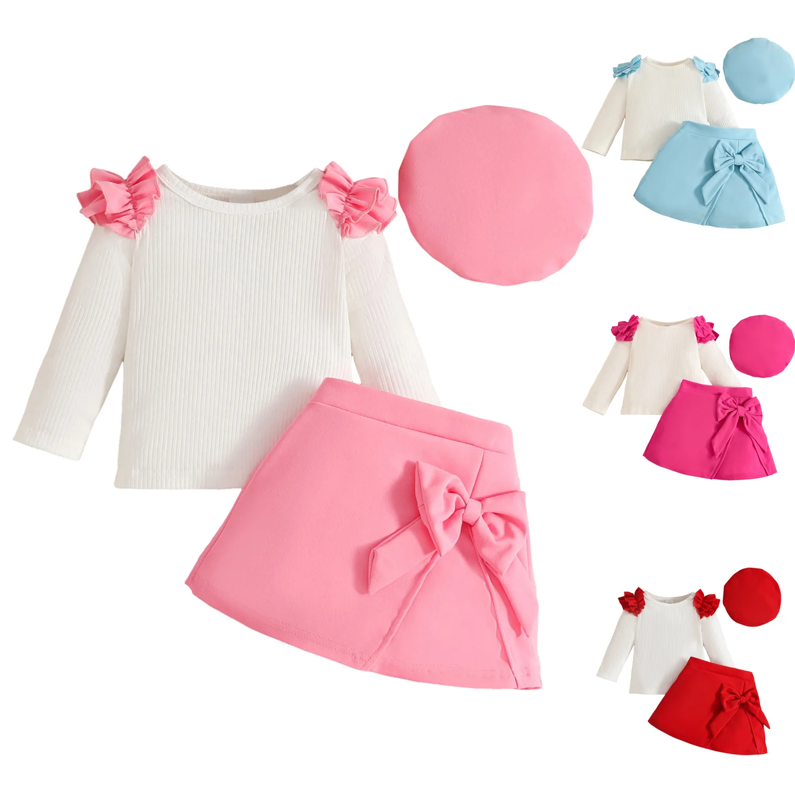 

Baby Girl Outfit Set Long Sleeve Ribbed Top Bow Dress Cute Casual Daily Two Piece Set With Matching Beret платье для девочки